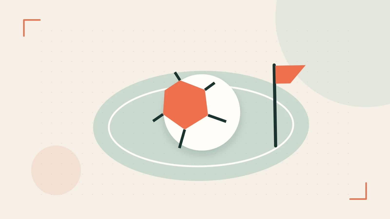 Editorial illustration of a stylized sports ball, stadium geometry and dynamic arcs