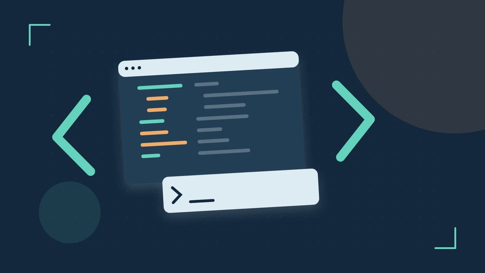 Editorial illustration of an abstract code editor, syntax blocks and oversized programming brackets