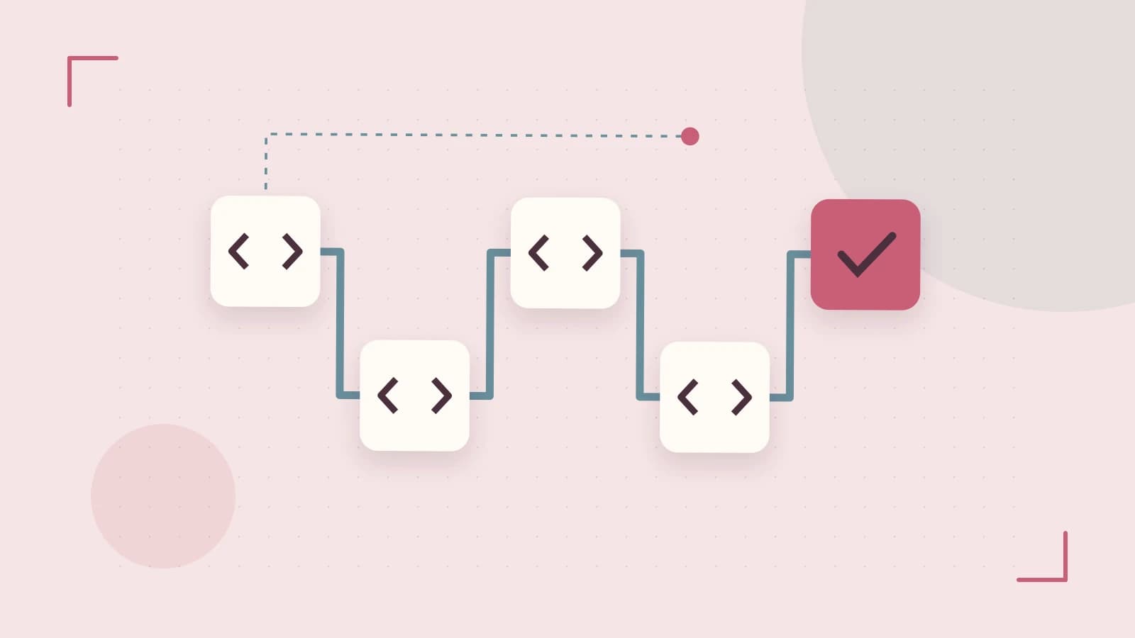 Editorial illustration of a branching build pipeline, staged transformations and a completed check