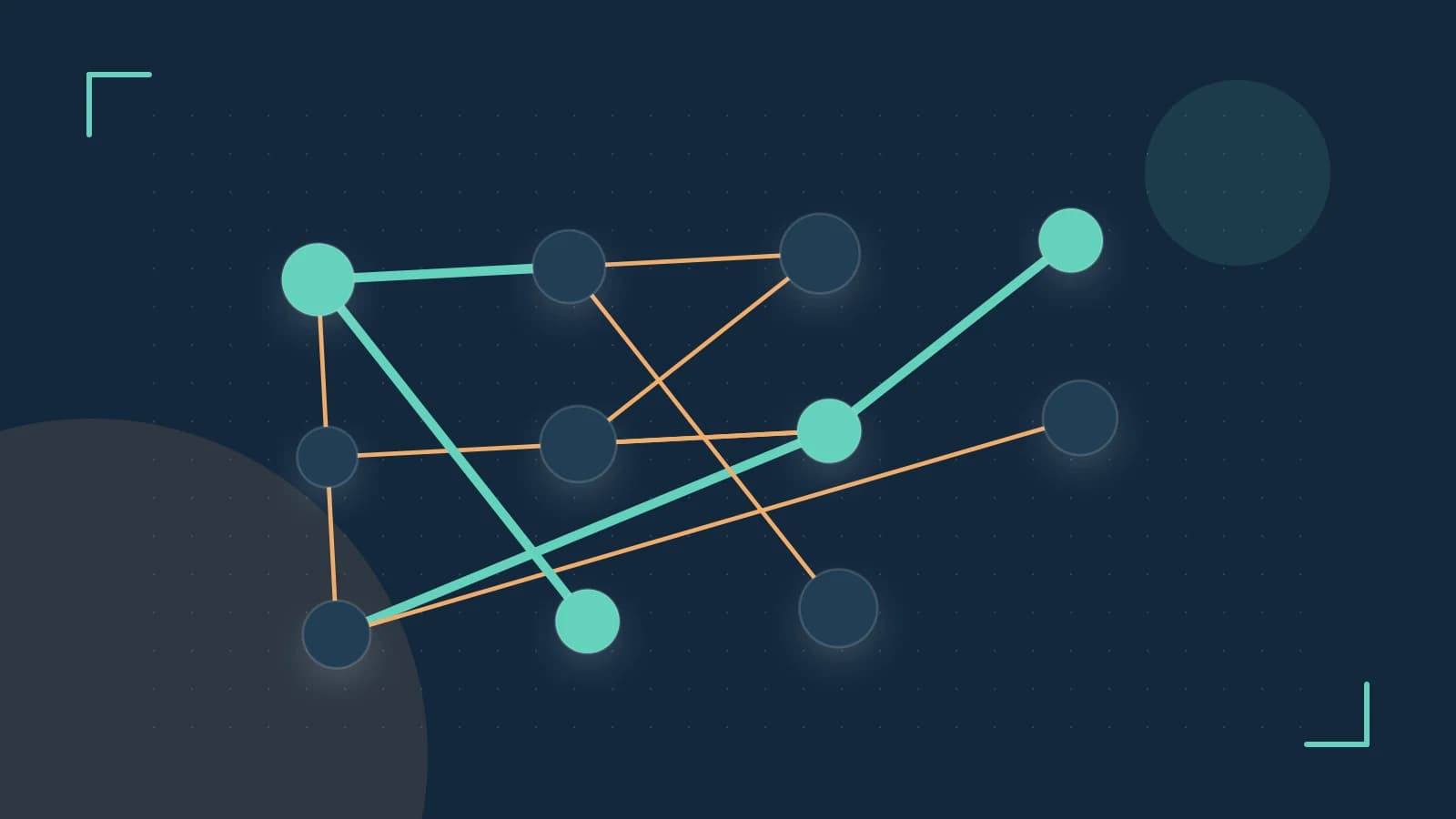 Editorial illustration of an algorithmic node graph with branching paths and a highlighted result
