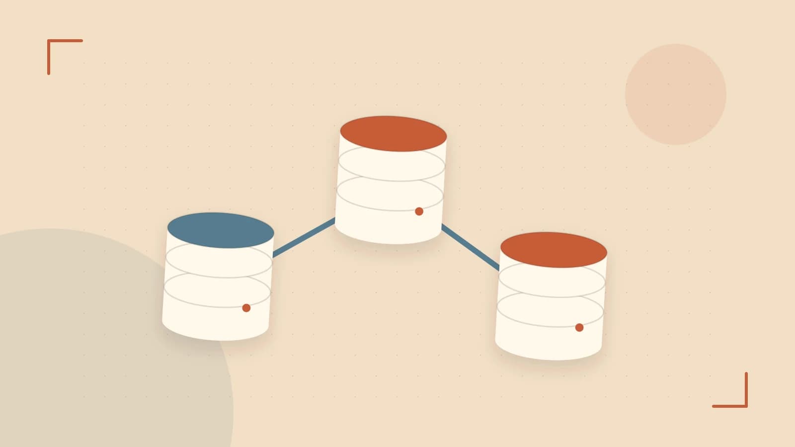Editorial illustration of structured records, database cylinders and relationships between tables
