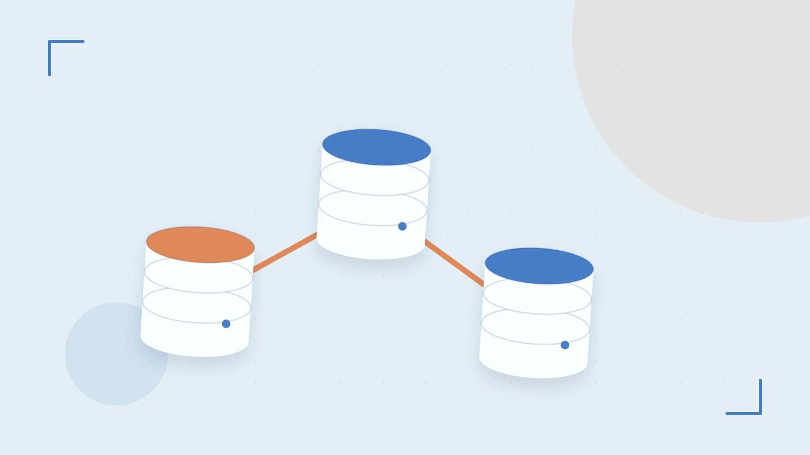 Editorial illustration of structured records, database cylinders and relationships between tables