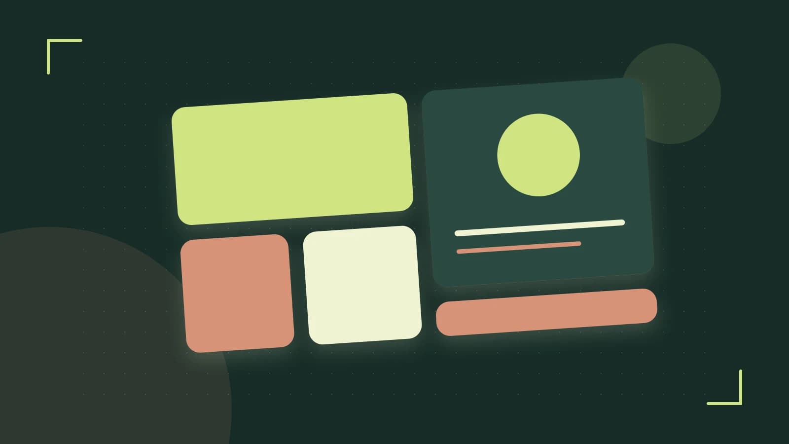 Editorial illustration of responsive browser layouts, overlapping design components and a color system