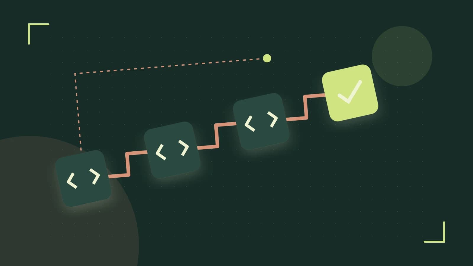 Editorial illustration of a branching build pipeline, staged transformations and a completed check