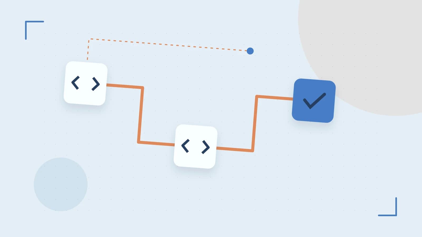 Editorial illustration of a branching build pipeline, staged transformations and a completed check
