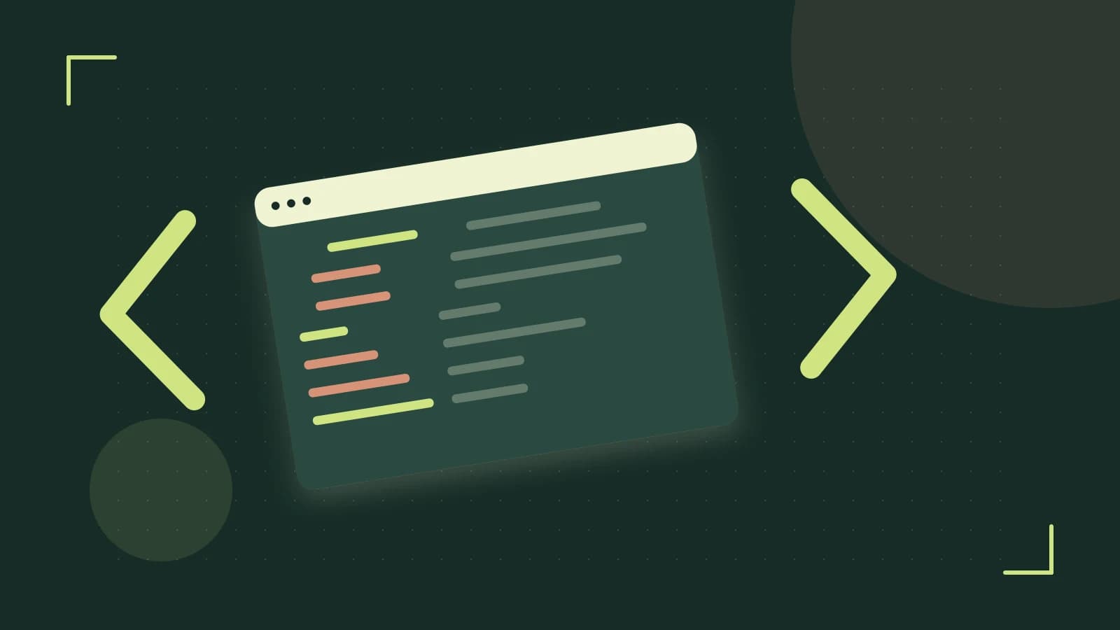 Editorial illustration of an abstract code editor, syntax blocks and oversized programming brackets