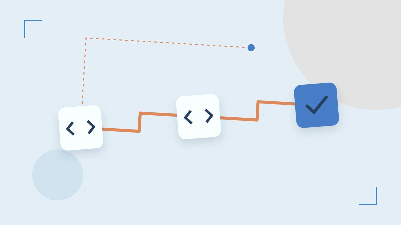 Editorial illustration of a branching build pipeline, staged transformations and a completed check