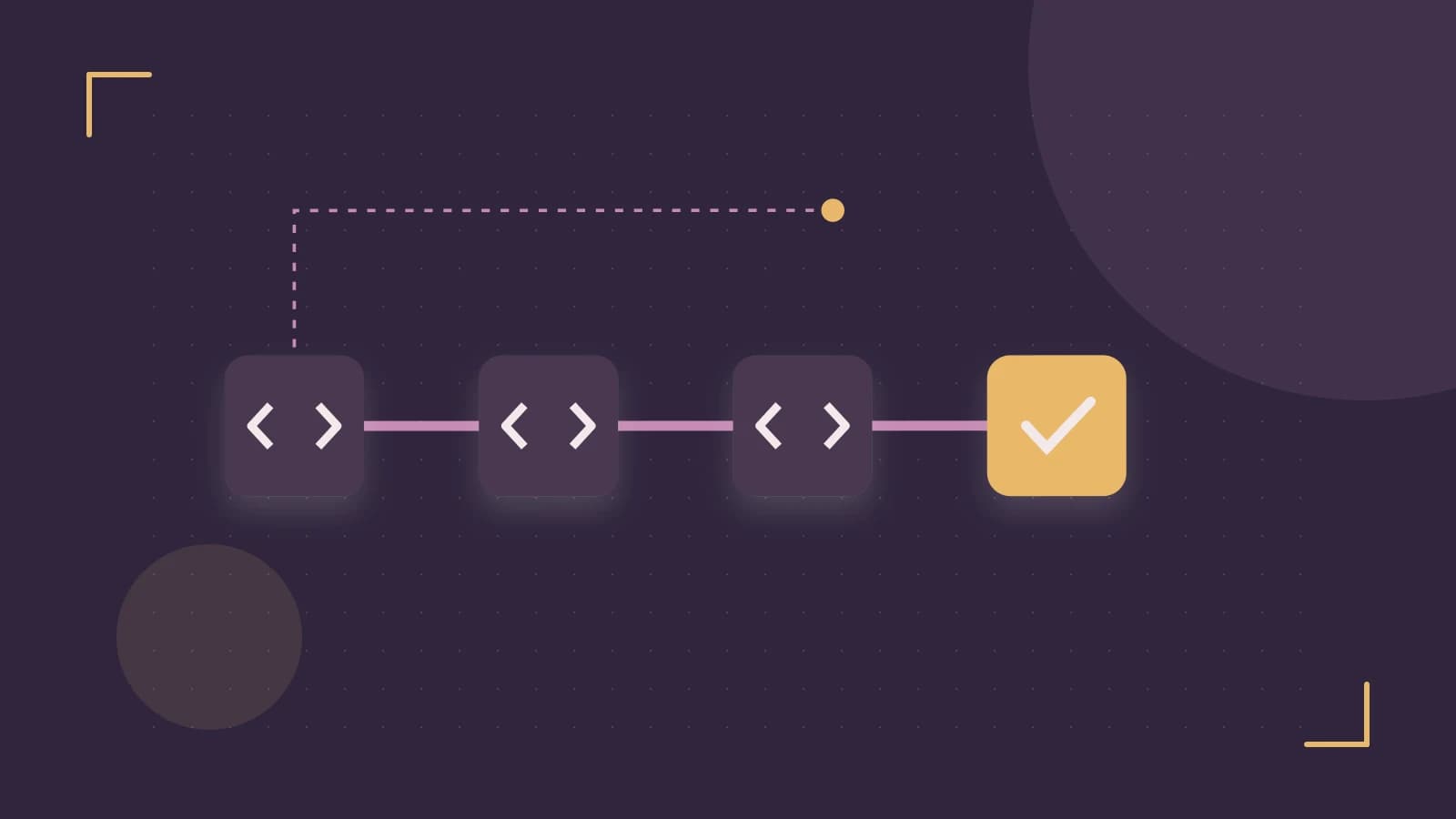 Editorial illustration of a branching build pipeline, staged transformations and a completed check