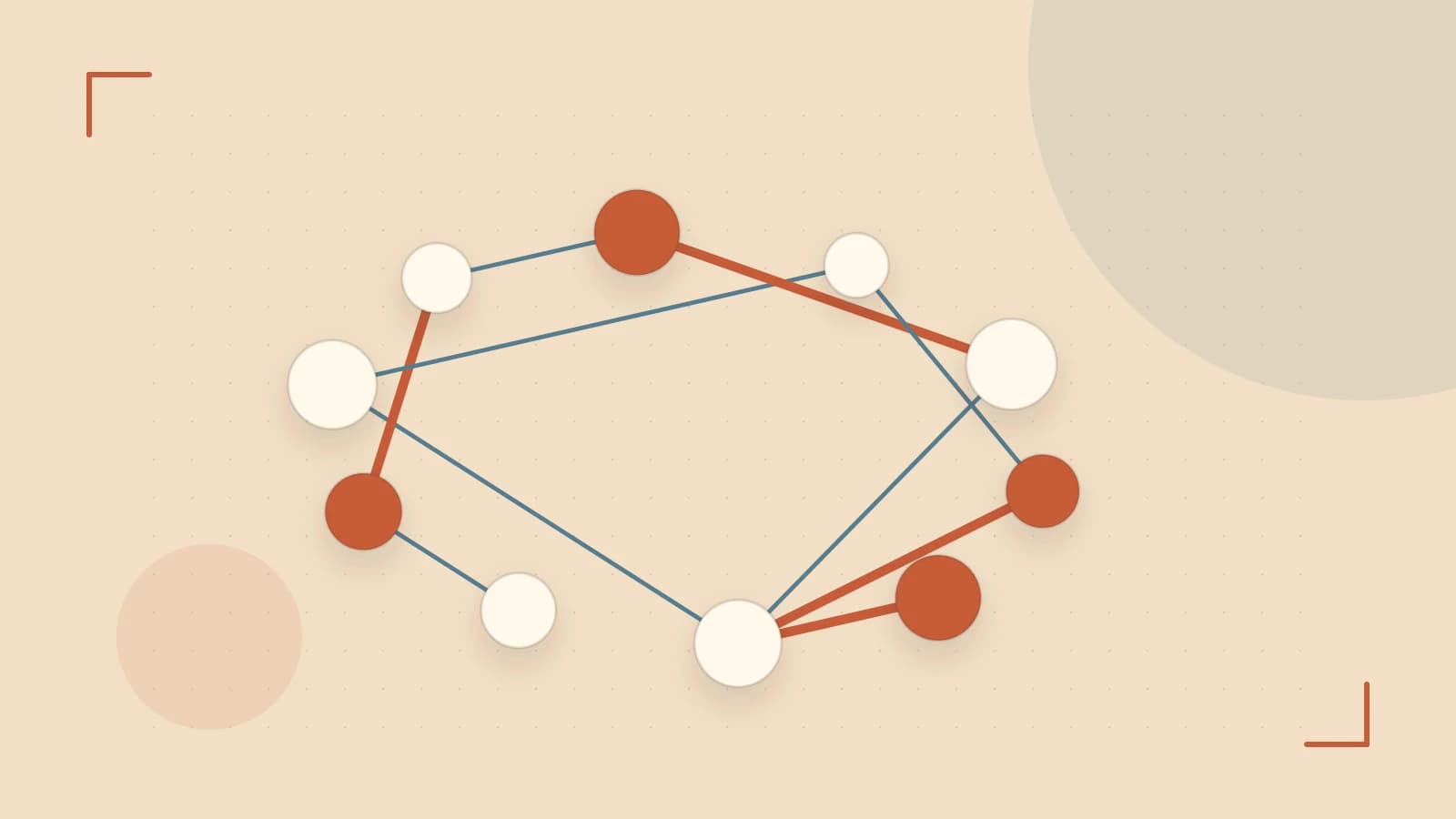 Editorial illustration of an algorithmic node graph with branching paths and a highlighted result