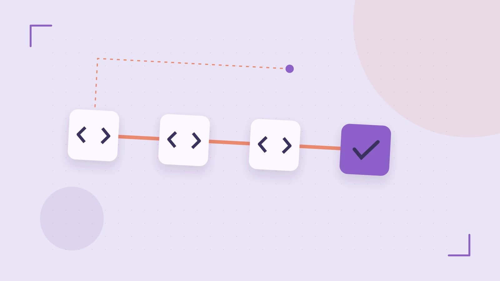 Editorial illustration of a branching build pipeline, staged transformations and a completed check
