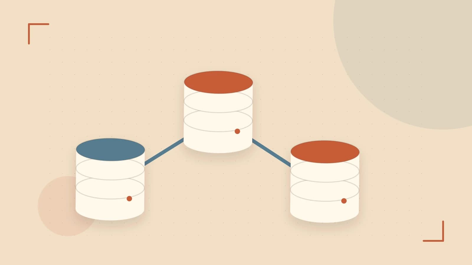 Editorial illustration of structured records, database cylinders and relationships between tables