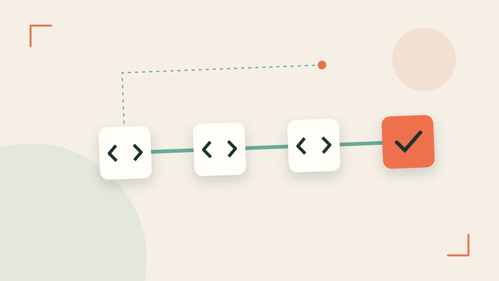 Editorial illustration of a branching build pipeline, staged transformations and a completed check