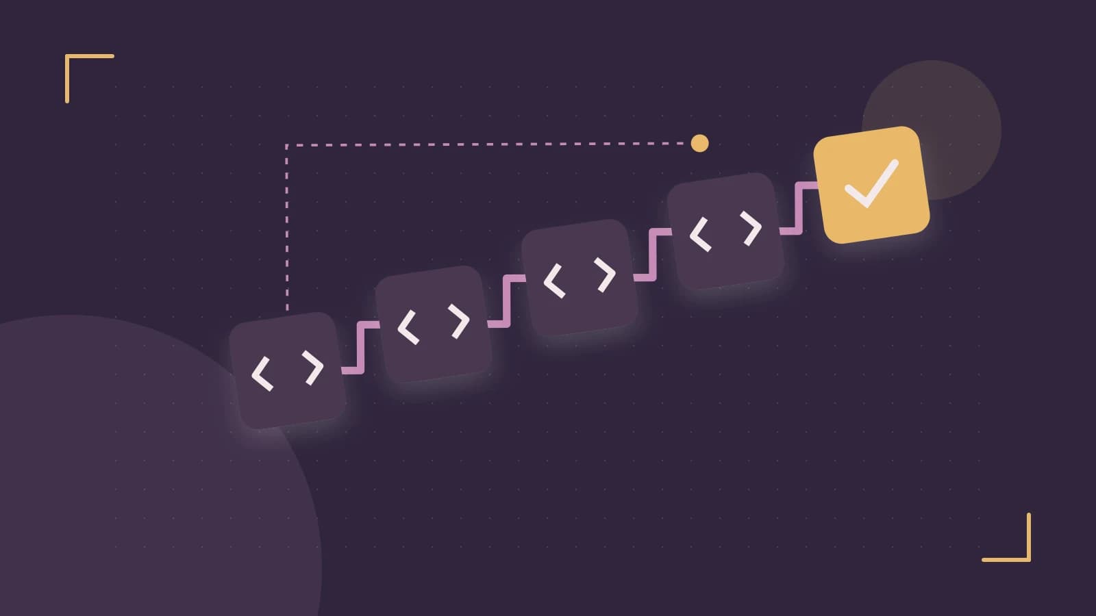 Editorial illustration of a branching build pipeline, staged transformations and a completed check