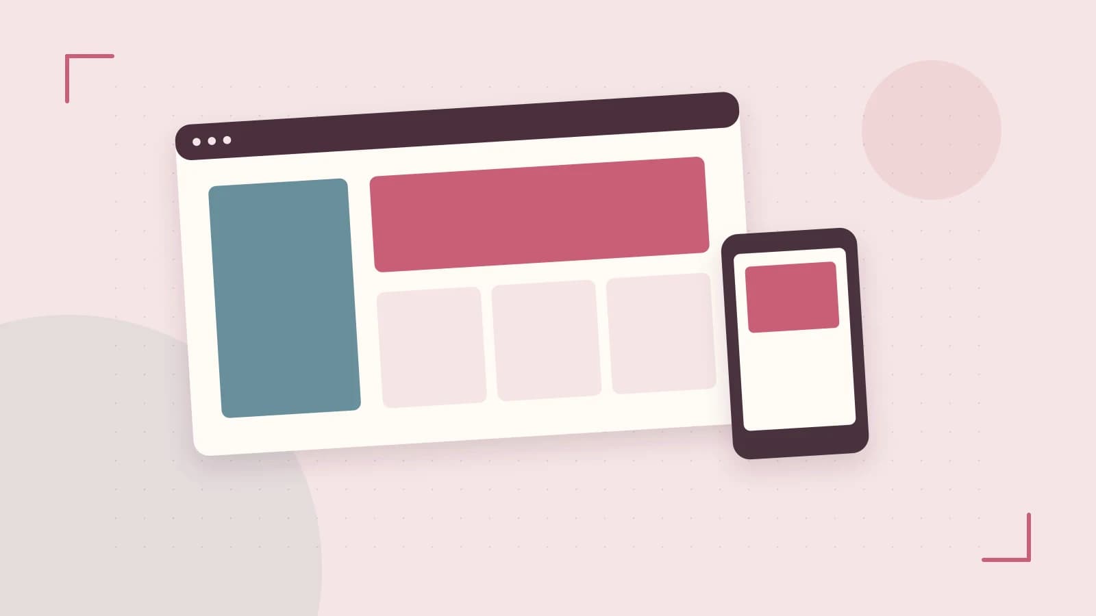 Editorial illustration of responsive browser layouts, overlapping design components and a color system