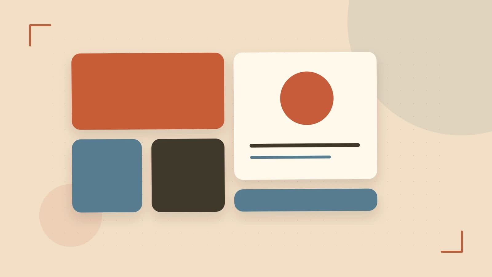 Editorial illustration of responsive browser layouts, overlapping design components and a color system
