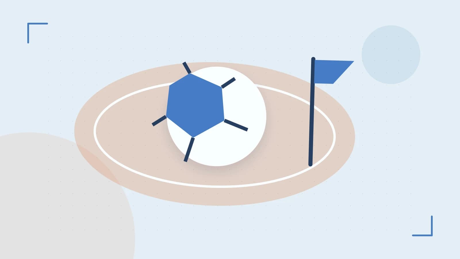 Editorial illustration of a stylized sports ball, stadium geometry and dynamic arcs