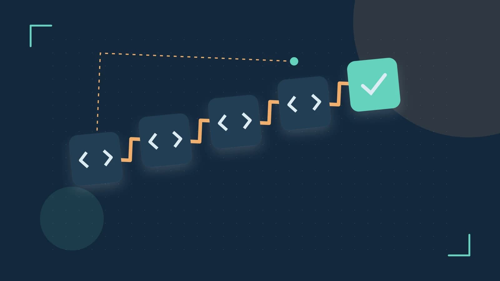 Editorial illustration of a branching build pipeline, staged transformations and a completed check