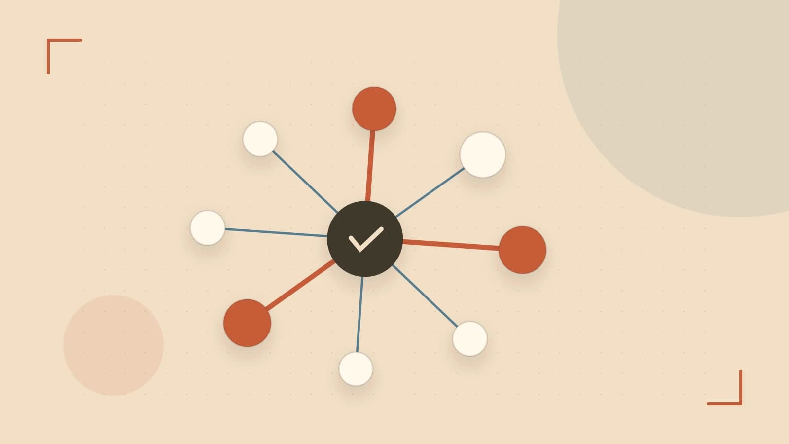 Editorial illustration of an algorithmic node graph with branching paths and a highlighted result