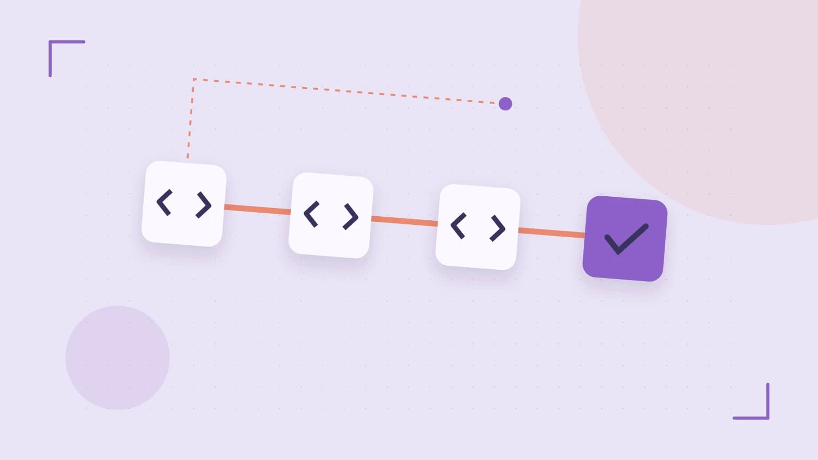 Editorial illustration of a branching build pipeline, staged transformations and a completed check