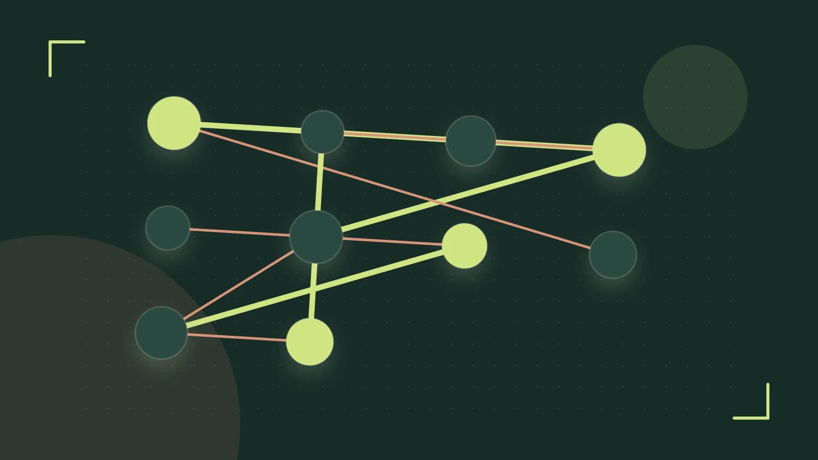 Editorial illustration of an algorithmic node graph with branching paths and a highlighted result