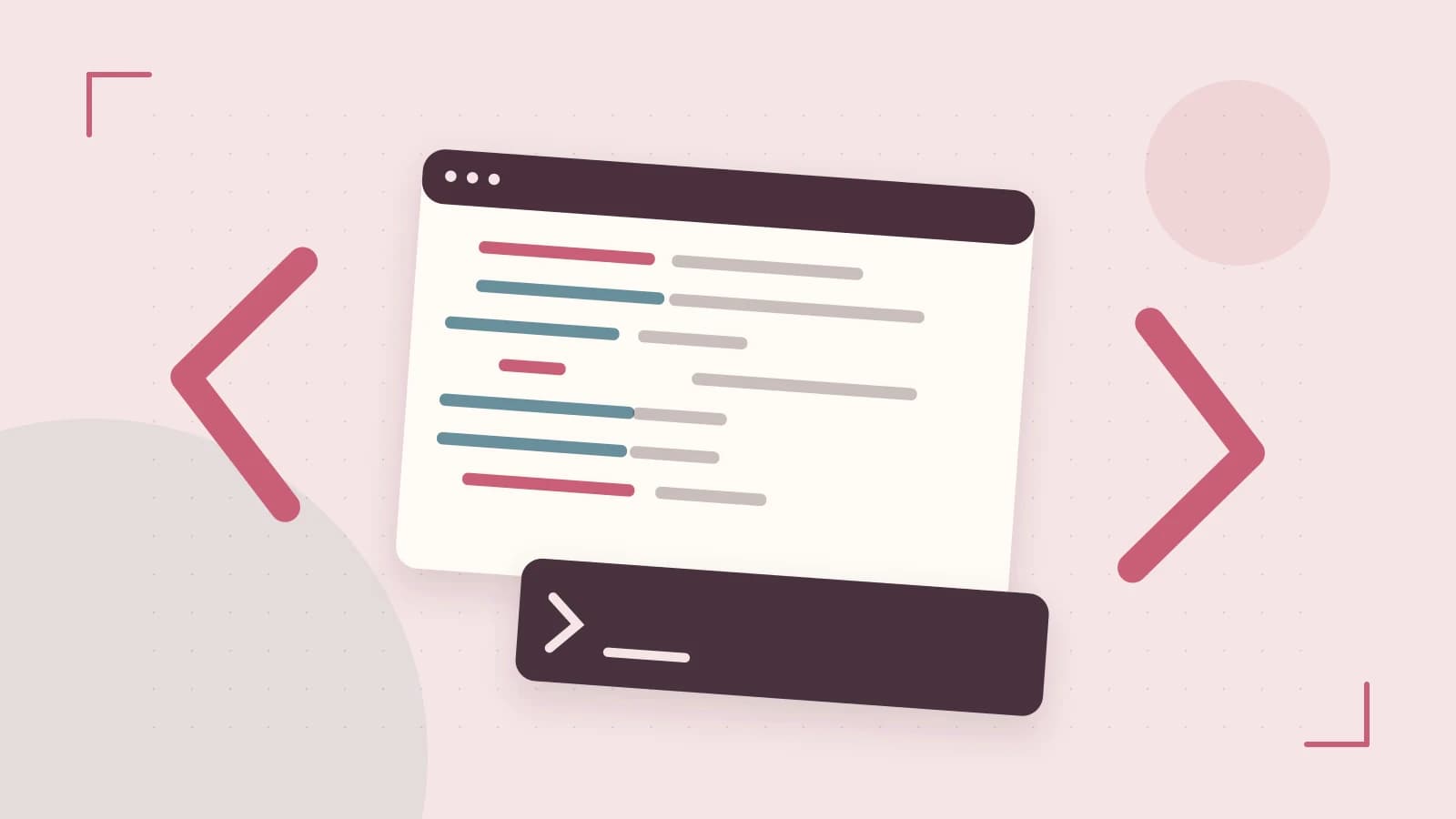 Editorial illustration of an abstract code editor, syntax blocks and oversized programming brackets