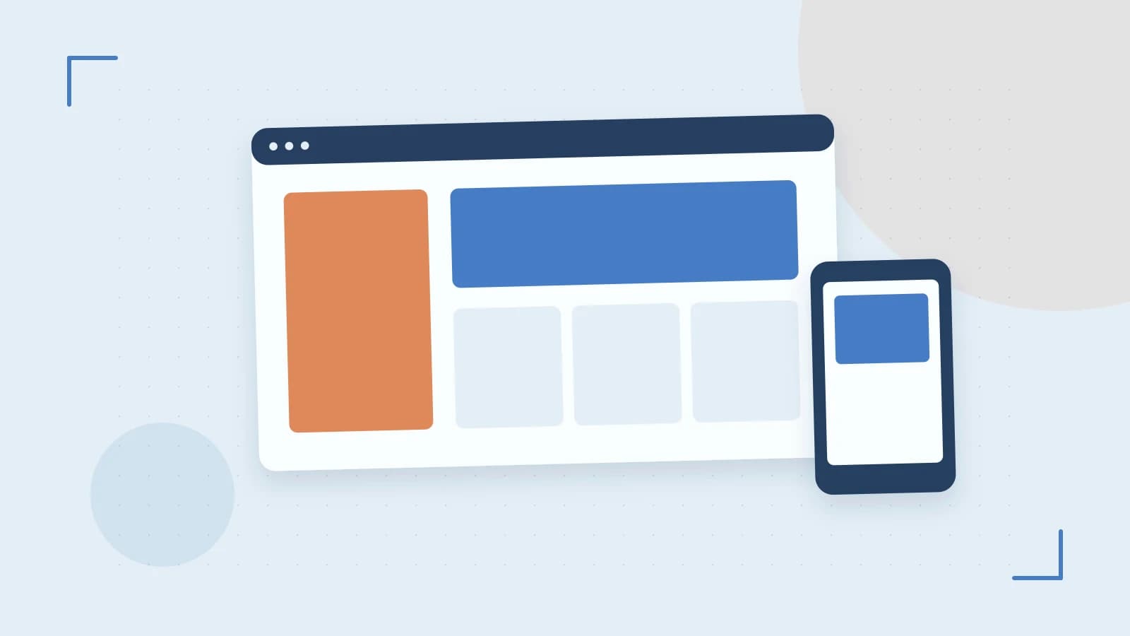 Editorial illustration of responsive browser layouts, overlapping design components and a color system