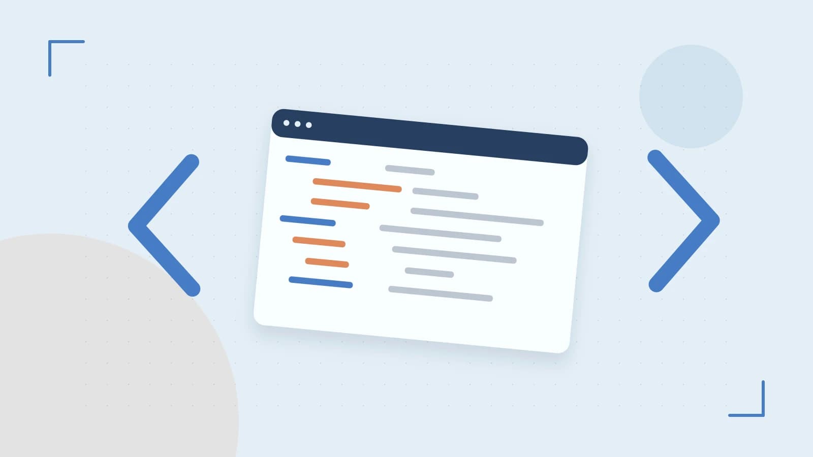Editorial illustration of an abstract code editor, syntax blocks and oversized programming brackets
