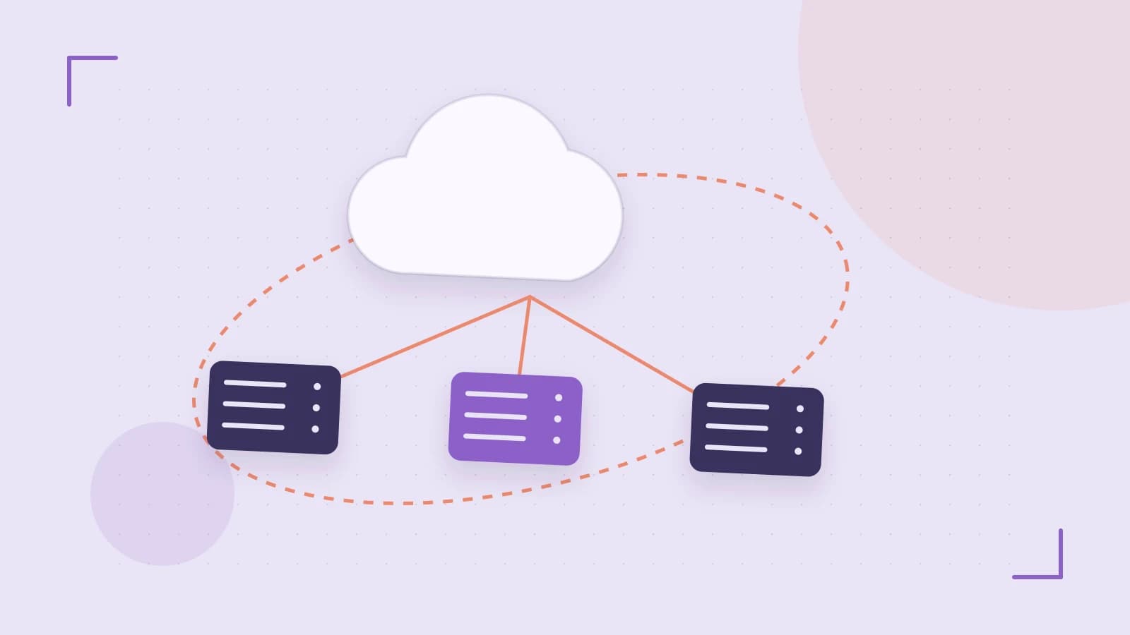 Editorial illustration of cloud infrastructure, connected server racks and an orbital service map