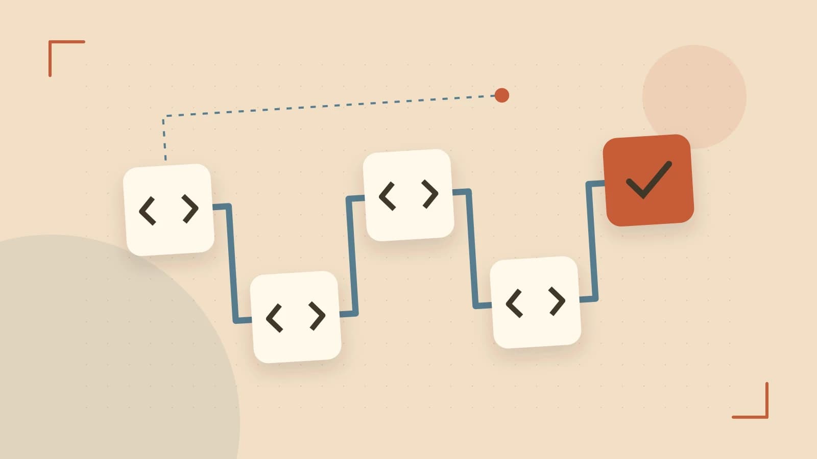 Editorial illustration of a branching build pipeline, staged transformations and a completed check