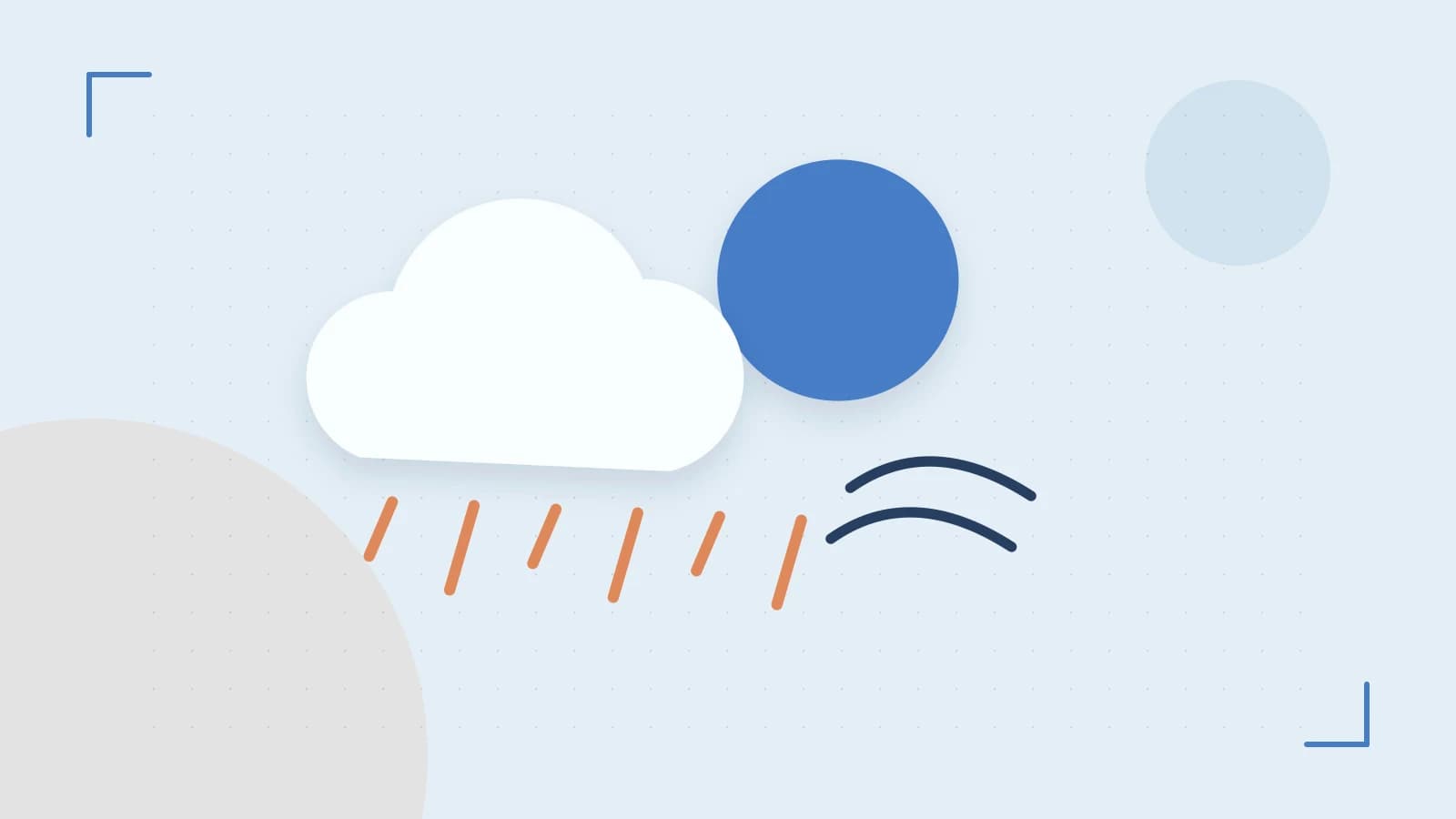 Editorial illustration of a sun, layered clouds, raindrops and flowing weather patterns