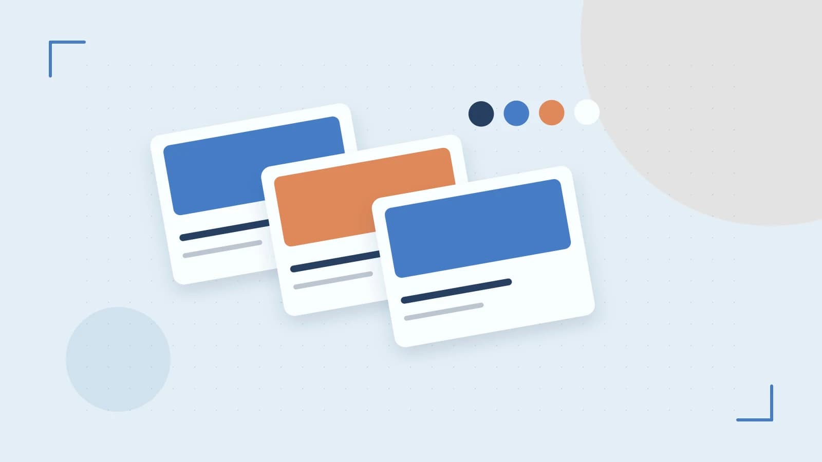Editorial illustration of responsive browser layouts, overlapping design components and a color system
