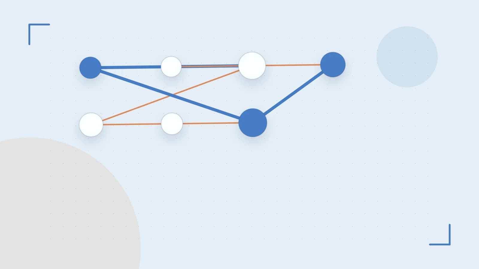 Editorial illustration of an algorithmic node graph with branching paths and a highlighted result