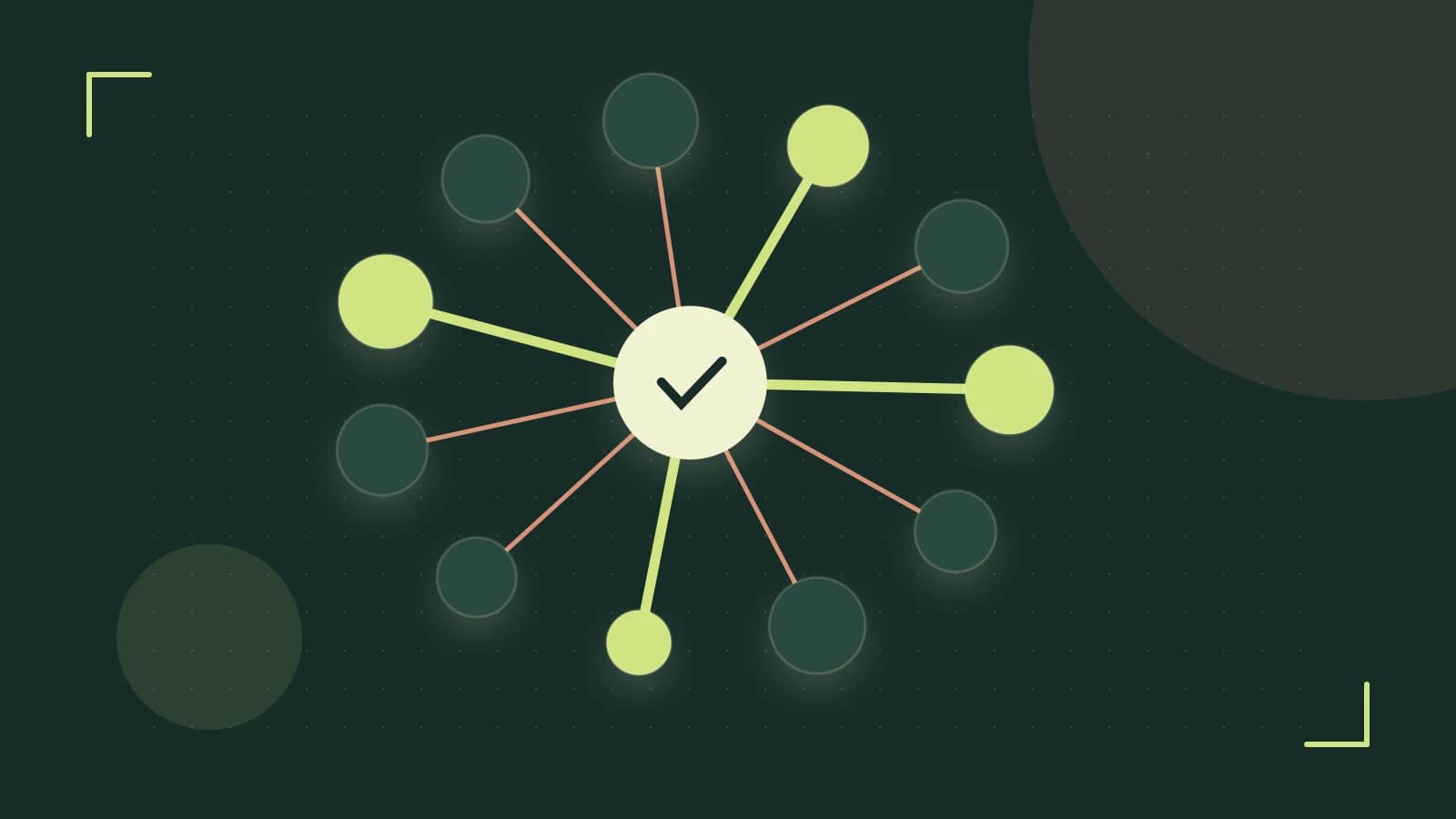 Editorial illustration of an algorithmic node graph with branching paths and a highlighted result