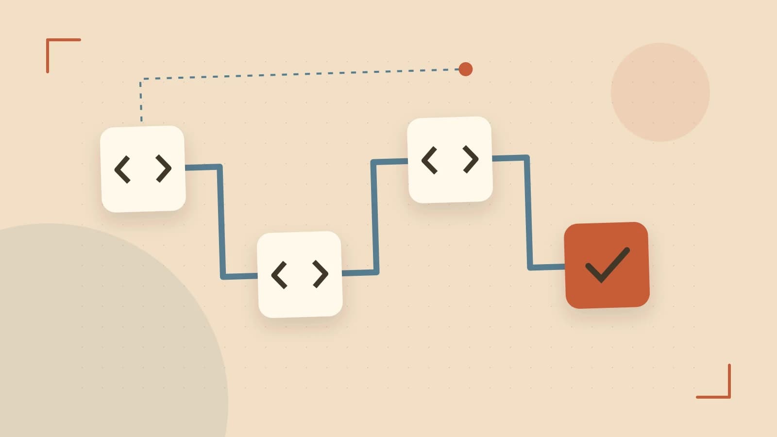 Editorial illustration of a branching build pipeline, staged transformations and a completed check