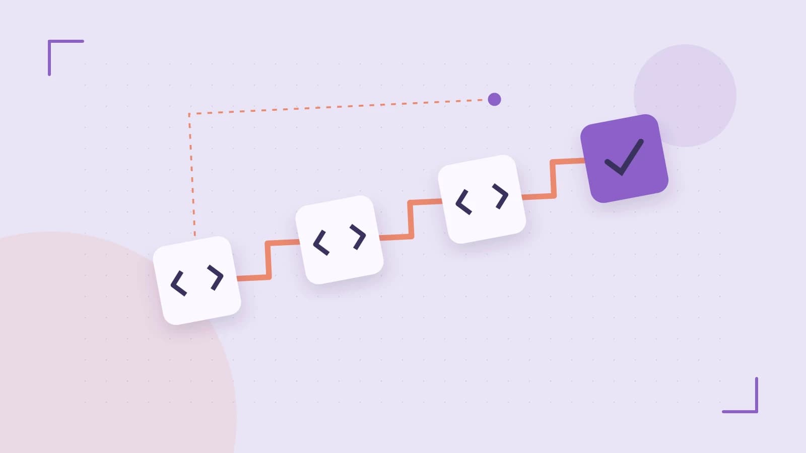 Editorial illustration of a branching build pipeline, staged transformations and a completed check