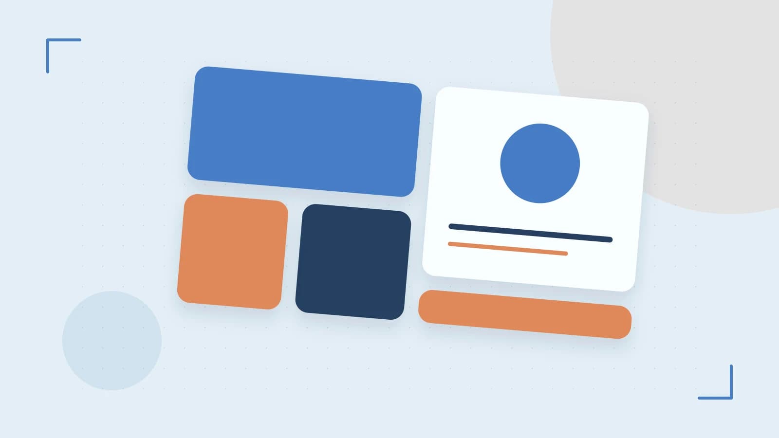 Editorial illustration of responsive browser layouts, overlapping design components and a color system