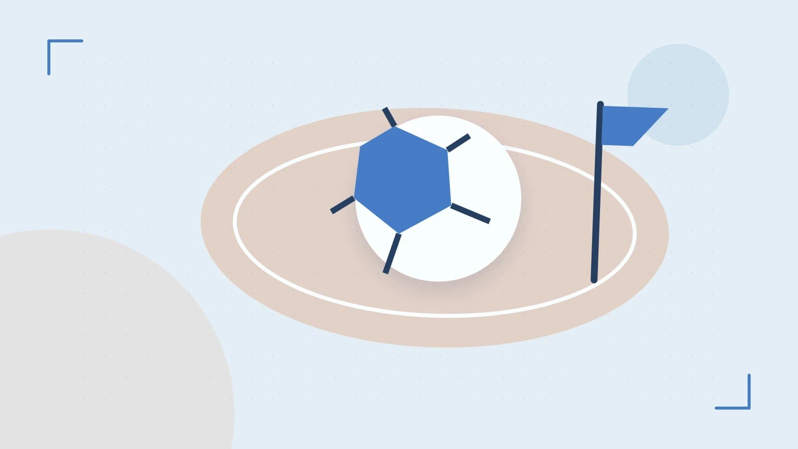 Editorial illustration of a stylized sports ball, stadium geometry and dynamic arcs