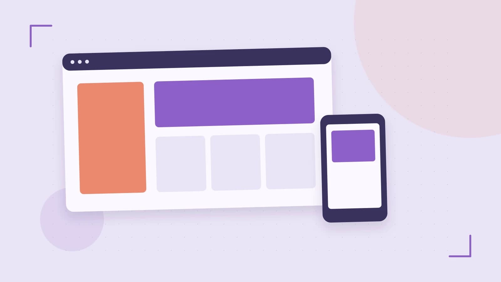 Editorial illustration of responsive browser layouts, overlapping design components and a color system