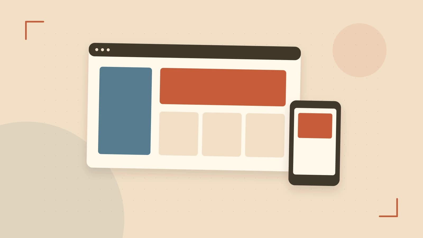 Editorial illustration of responsive browser layouts, overlapping design components and a color system