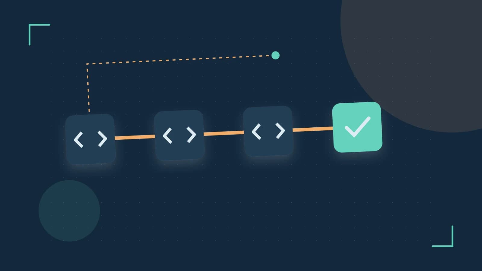 Editorial illustration of a branching build pipeline, staged transformations and a completed check