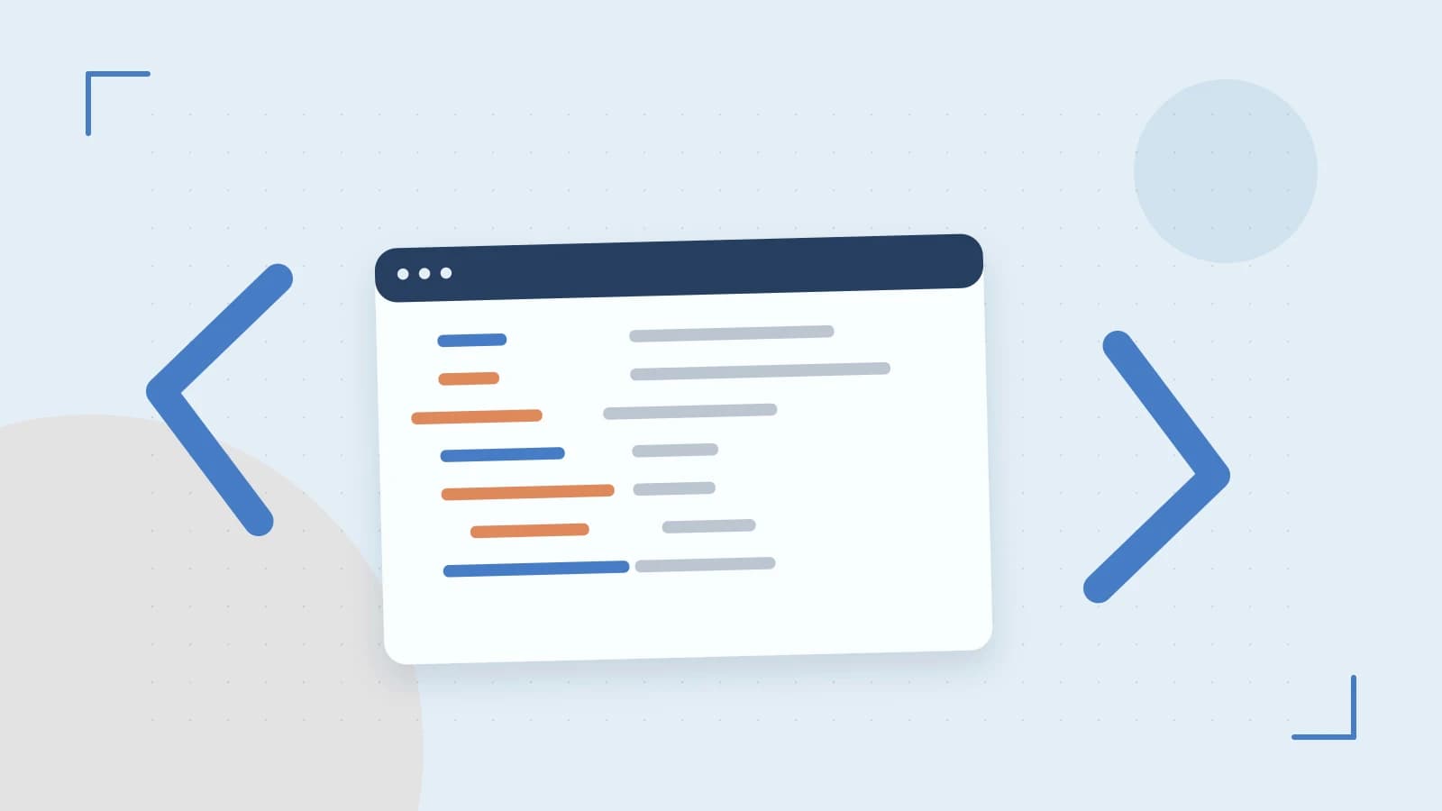 Editorial illustration of an abstract code editor, syntax blocks and oversized programming brackets