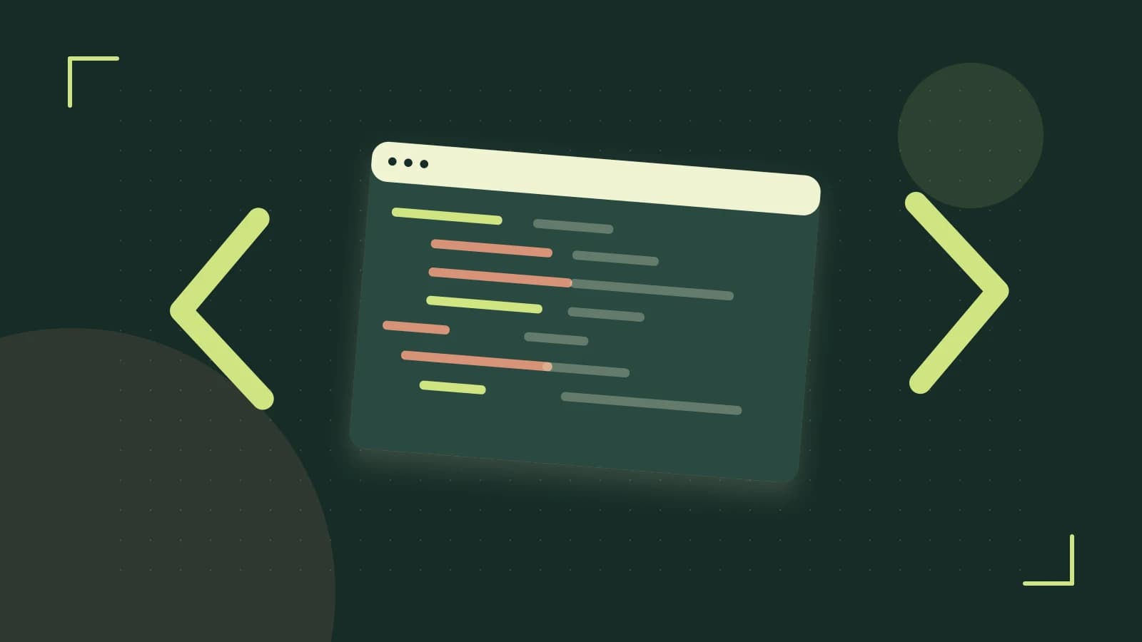 Editorial illustration of an abstract code editor, syntax blocks and oversized programming brackets