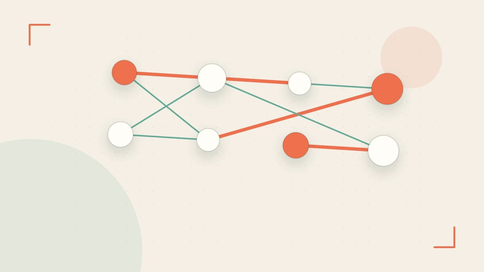 Editorial illustration of an algorithmic node graph with branching paths and a highlighted result