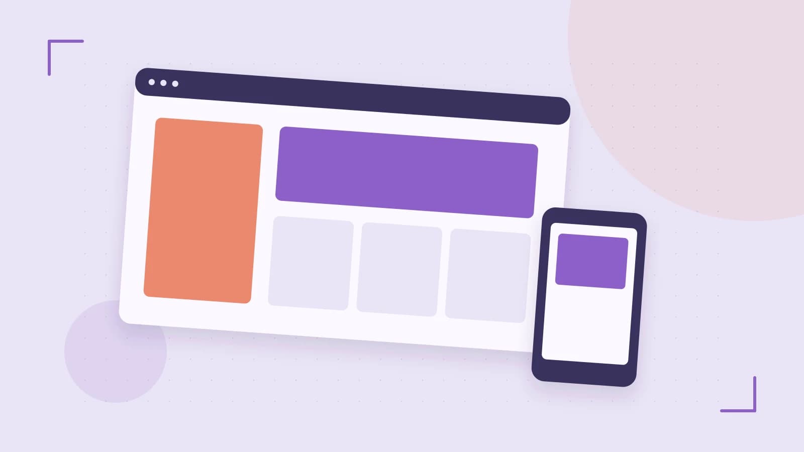 Editorial illustration of responsive browser layouts, overlapping design components and a color system