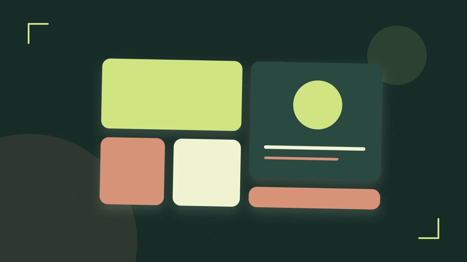 Editorial illustration of responsive browser layouts, overlapping design components and a color system