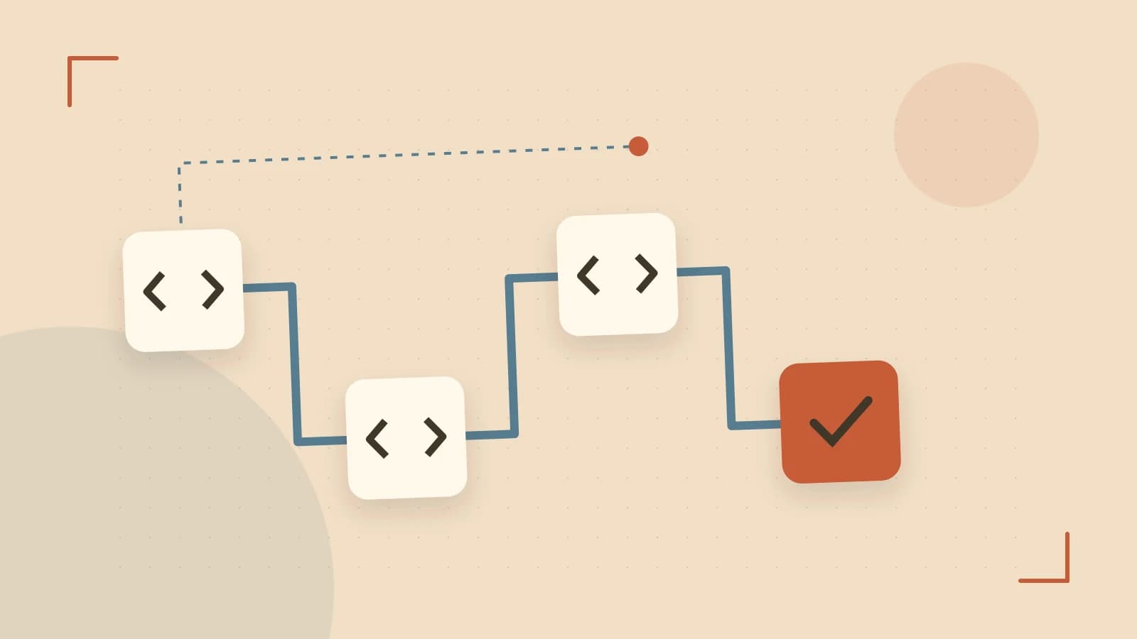 Editorial illustration of a branching build pipeline, staged transformations and a completed check
