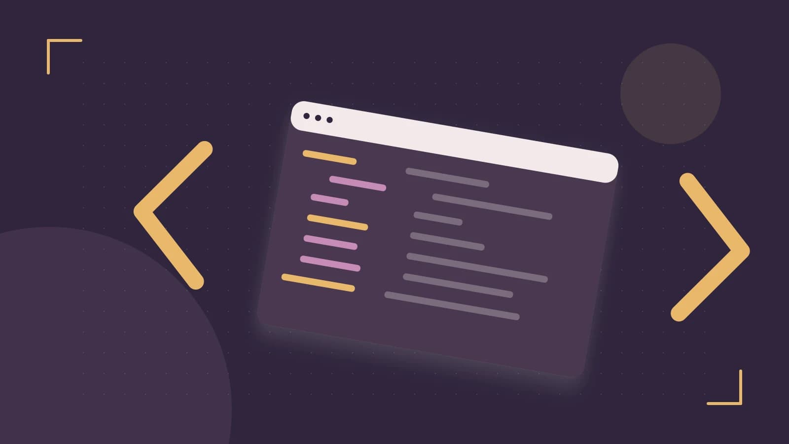 Editorial illustration of an abstract code editor, syntax blocks and oversized programming brackets