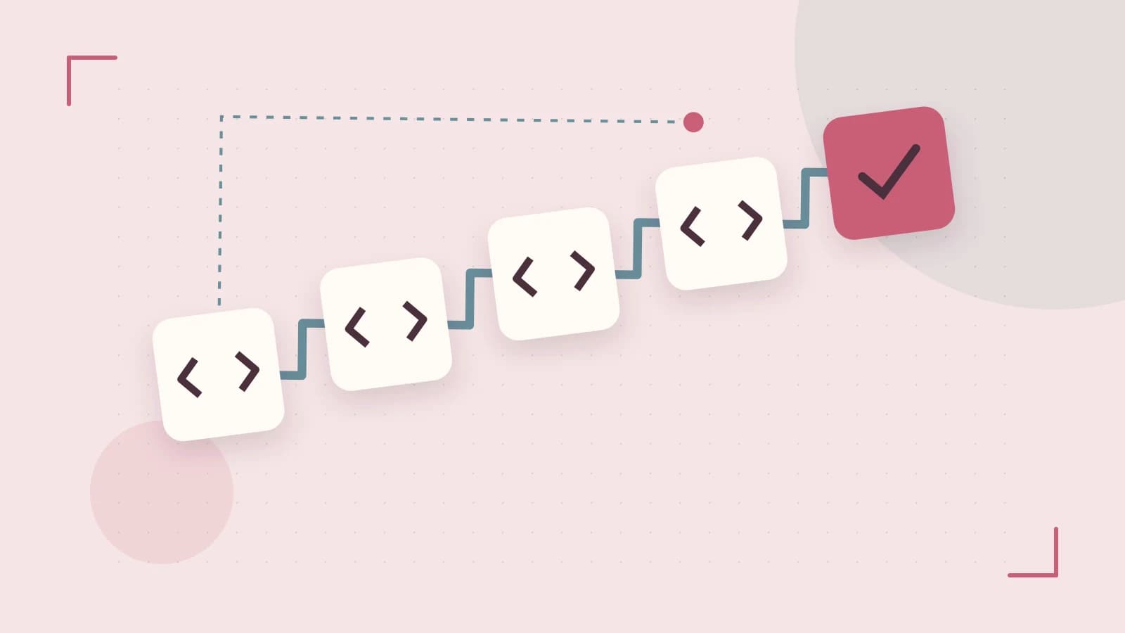 Editorial illustration of a branching build pipeline, staged transformations and a completed check