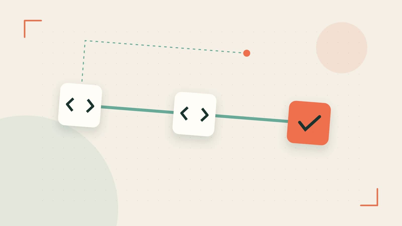 Editorial illustration of a branching build pipeline, staged transformations and a completed check