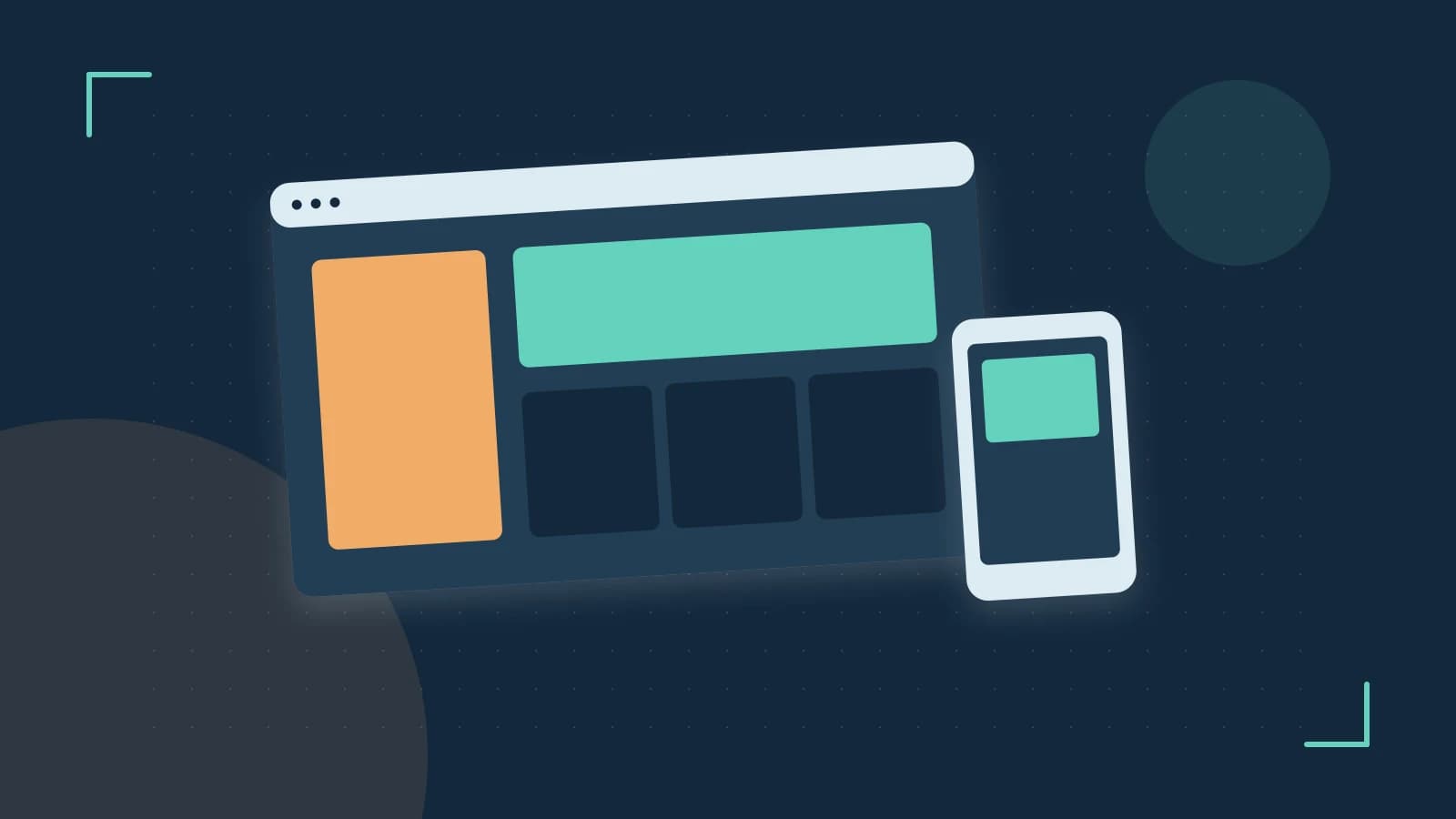 Editorial illustration of responsive browser layouts, overlapping design components and a color system